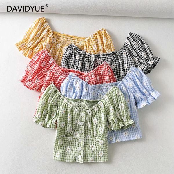 

women's blouses & shirts summer blouse women ruffle shirt crop vintage floral plaid blusas mujer korean fashion clothing 2021, White