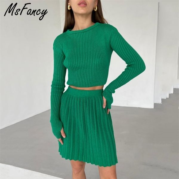 

msfancy knitted skirt set green long sleeve slim crop pullover pleated mini fall mujer 2 piece 211106, White