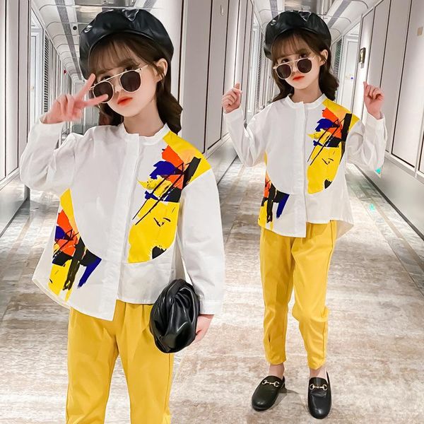 

fashion girls clothes spring fall children clothing set irregular graffiti blouses yellow long pant 2pcs kids suits for girl sets, White