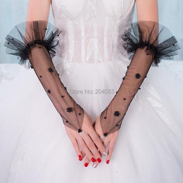 

bridal gloves black wedding party fingerless tulle with flowers, White