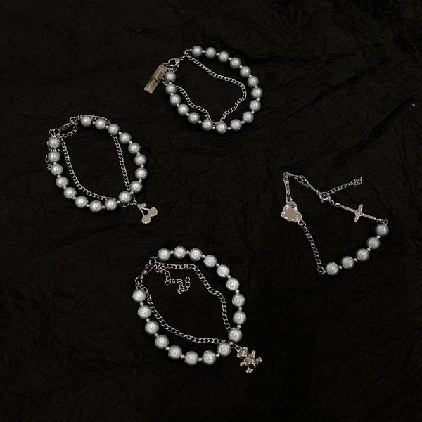 

link, chain punk bracelets for women girl vintage bear cherry cross bracelet fashion jewelry imitation pearls y2k accessories gifts, Black