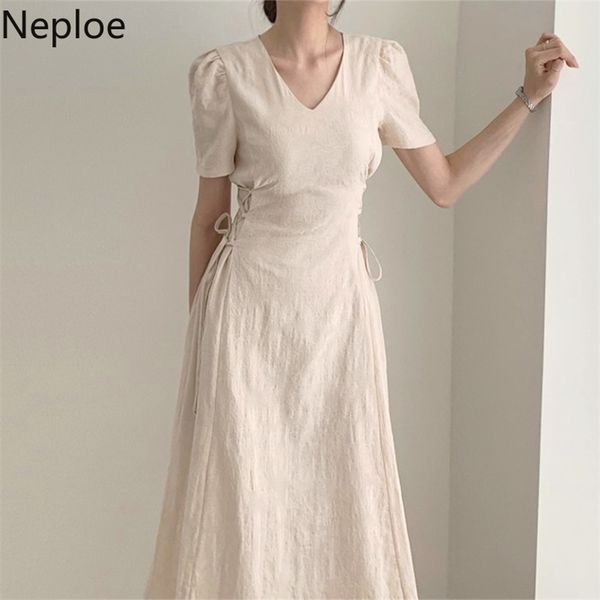 

neploe korean style temperament dresses solid v-neck short puff sleeve bandage vestidos summer elegant fashion dress 1b802 210331, Black;gray