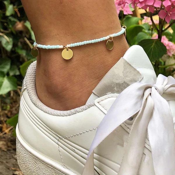 

anklets white pearl hand-woven anklet, idyllic beaded copper sequin pendant foot jewelry, Red;blue