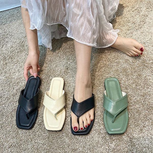 

slippers casual shoes woman 2021 platform rubber flip flops square toe lady pantofle low luxury flat summer hawaiian girl pu, Black