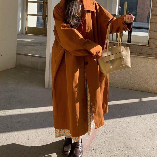 

women's trench coats 2021 autumn women orange long coat korean loose hepburn style windbreaker casual, Tan;black