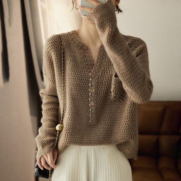 

women's sweaters women fashion casual sweater long sleeve solid v-neck single button pullover pocket loose straight autumn winter lady, White;black