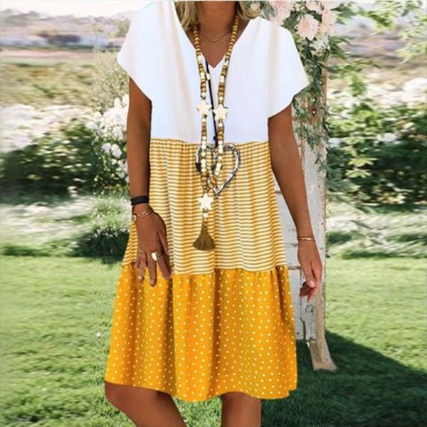 

summer loose stripe dot womens dresses v neck short sleeves casual plus size bohemian sundress vestidos party, Black;gray