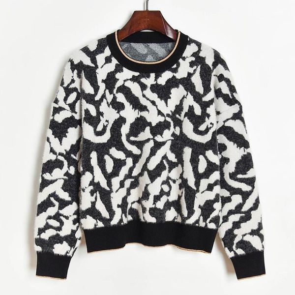 

women's sweaters women leopard sweater thick mink pullover 2021 fall winter black white jacquard knit jumpers, White;black