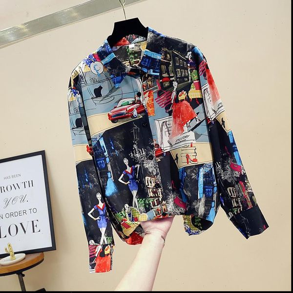

spring autumn womens turn shirt down collar korean retro fashion loose print long sleeve women, White