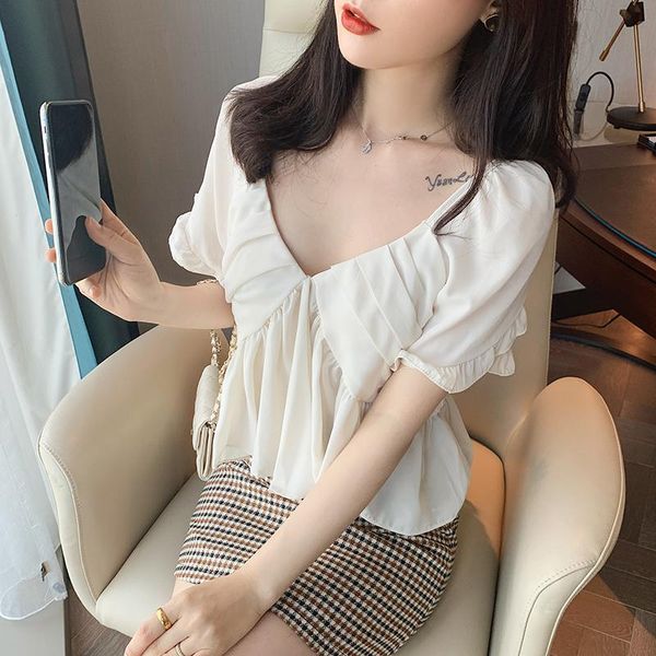 

women's blouses & shirts chiffon shirt chic short sleeve apricot blouse female v-neck ladies woman loose, White