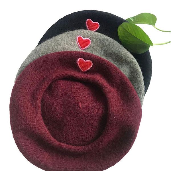 

lovely heart beret hat women red embroidery headdress for girls berets, Blue;gray