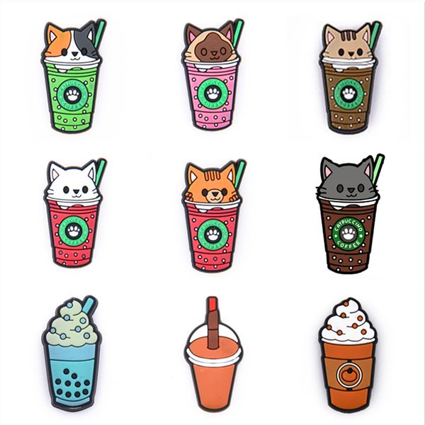 1 pçs acessórios de fivela de sapato de pvc faça você mesmo bebida colorida gato xícara de café sapatos botões decoração para croc encantos presente para crianças