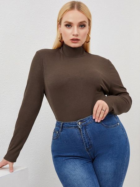 

plus ribbed knit high neck bodysuit 731m#, Black