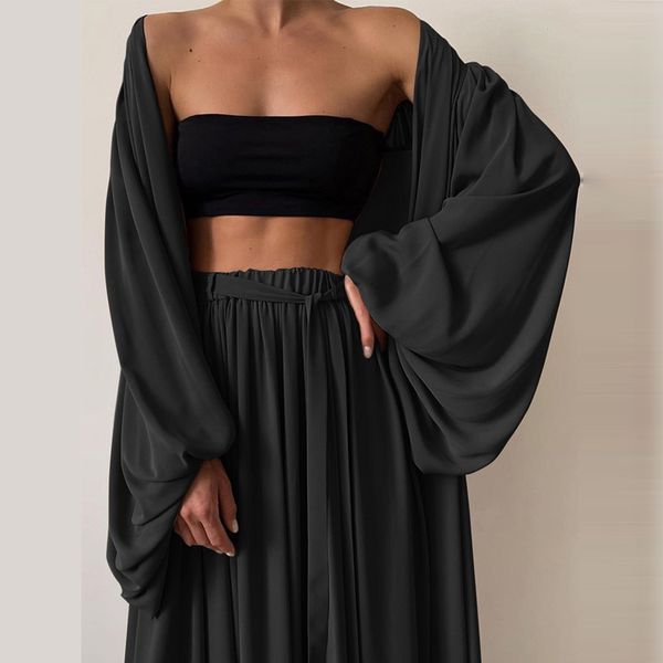 

2021women 3 piece sets homewear fashion casual lantern sleeve cardigan +wide leg pants suits lady spring soft three piece outfit, Black;red
