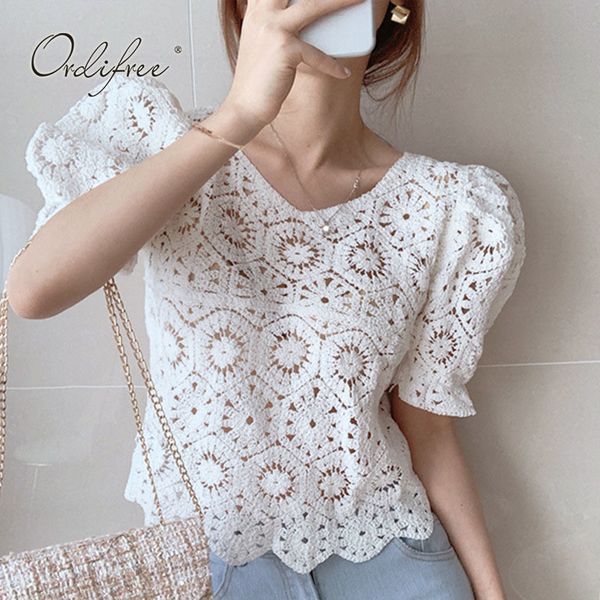 

summer women crochet shirt short sleeve beach wear white blouse 210415