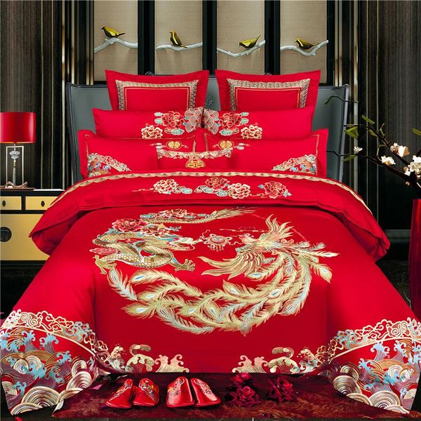 

bedding sets luxury 100s egyptian cotton red wedding set gold bed bedspread sheet cover pillowcases phoenix embroidery dragon duvet