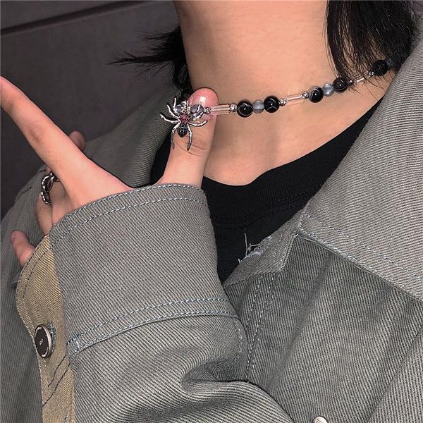 

chokers punk black bead stitching clavicle chain dark color rhinestone spider pendant round necklace for female jewelry gifts, Golden;silver