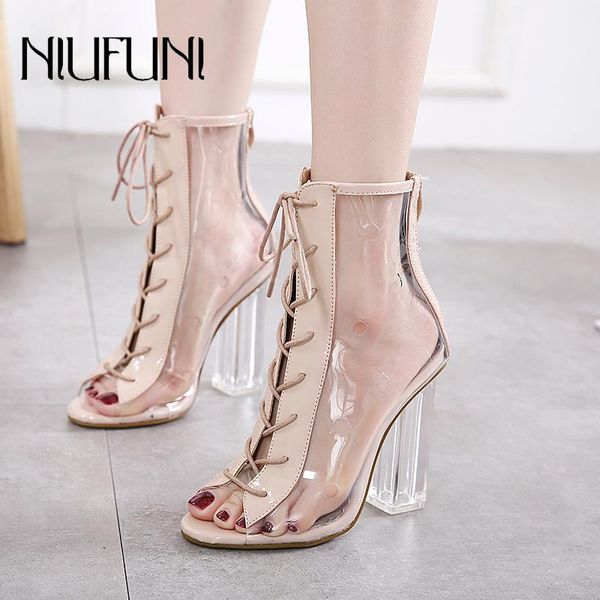 Stiefel Damen Knöchelriemen NIUFUNI 2021 Peep Toe Transparente Rückseite Reißverschluss High Heels Kristall Freizeitschuhe Für Frauen Femmes Bottes