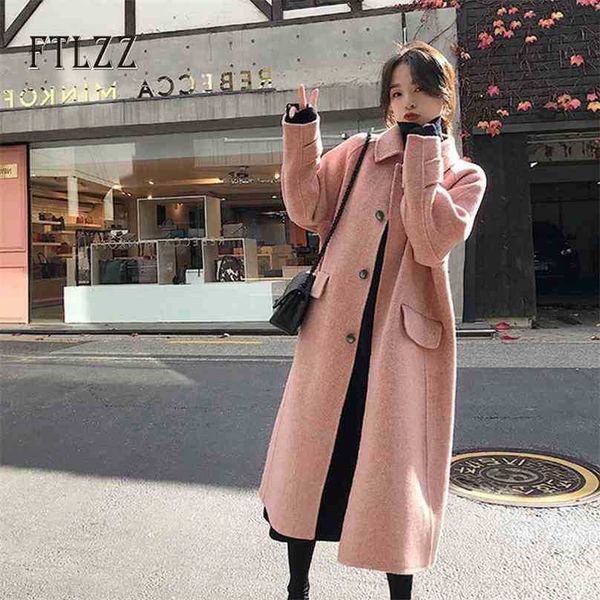 Outono inverno casaco de lã mulheres magro a-linha médio longo rosa estilo coreano casacos senhoras elegante vire para baixo colar roupa outerwear 210525