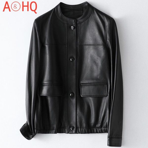 

women's leather & faux spring 100% sheepskin jacket women black korean single breasted stand collar real female genuine coat