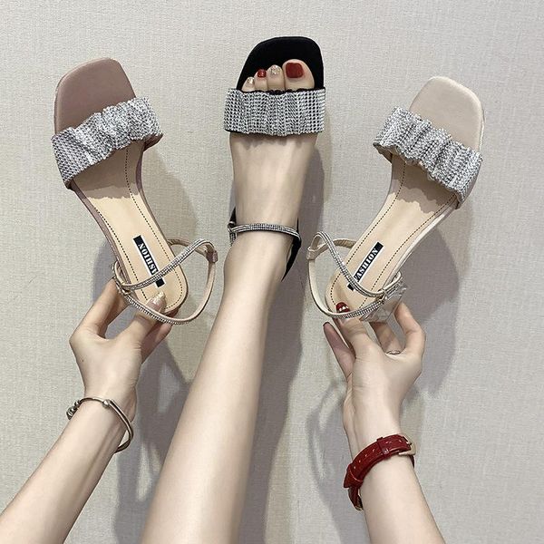 

sandals med medium slides rome pu fabric rubber hoof heels, Black