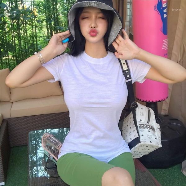 

women's t-shirt thin summer t shirt women elasticity korean style woman clothes slim tshirt female casual short sleeve, White