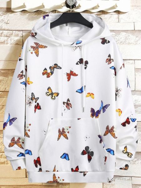 

men butterfly graphic kangaroo pocket drawstring hoodie c4hk#, Black
