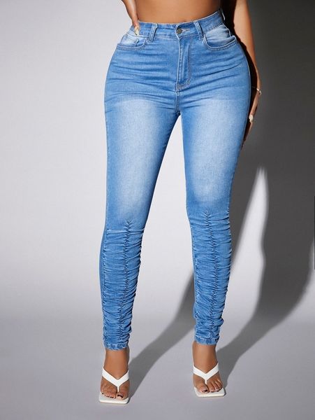 

sxy high neck stacked hem skinny jeans r7ad#, Blue