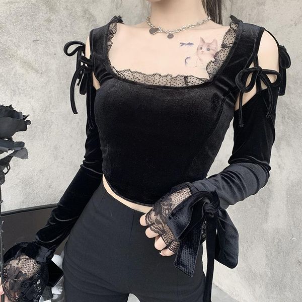 

[you're my secret] gothic elegant o-neck ladies lace black bodycon patchwork long flared sleeves hollow out shirts women's t-s, White