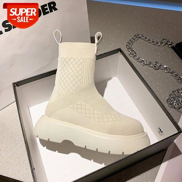 

net red flying weaving martin boots women autumn ins tide muffin thick bottom elastic thin socks #pf0f, Black