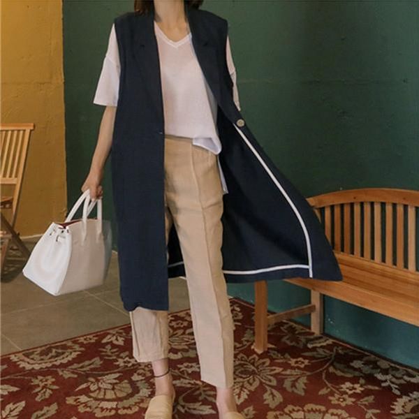 

women's vests lapel solid waistcoat summer thin sleeveless long suit jacket 2022 spring loose cotton linen women coat mt464, Black;white