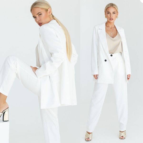 Moda Mulheres Brancas Blazer Um Botão Mãe da Noiva Ternos Formal Outfits Party Party Casamento Largo Pants Terno 2 Peças