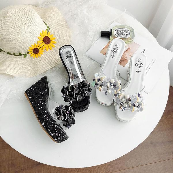

big pearl beading high heels sandals women colorful glitter platform slippers clear rhinestone wedges sandalias mujer 2021, Black