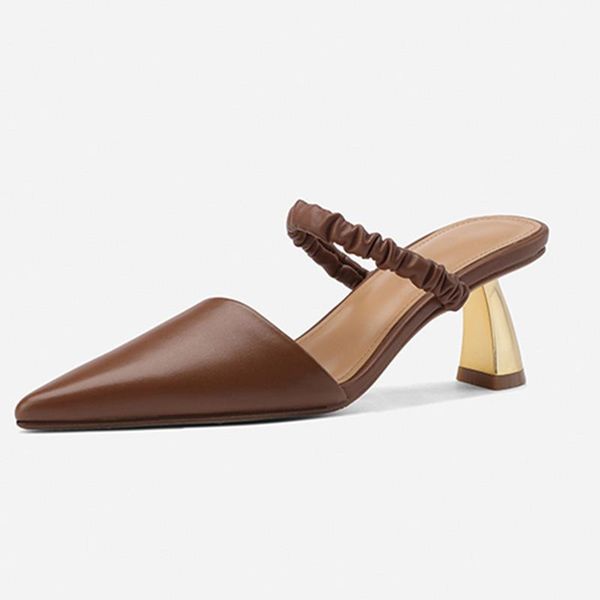 

strange style high heels ladies slippes genuine leather poined toe women shoes wedding casual slingbacks woman slippers, Black