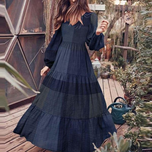 

ruffle dresses women maxi sundress 2021 elegant puff sleeve vestidos female party dress casual plaid robe plus size 5xl, Black;gray