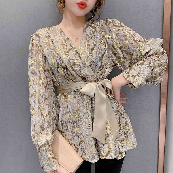 

v-neck long sleeve autumn spring chiffon printed gold snake loose medium length women with belt blouse 2101c 210420, White