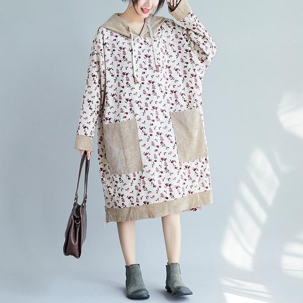

casual dresses johnature autumn comfortable vintage floral print patchwork corduroy pockets hooded dress 2021 loose irregular women, Black;gray