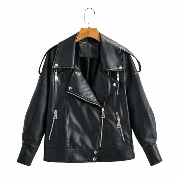 

women's leather & faux 2021 pu jacket women loose oversized casual biker jackets outwear female bf style black coat