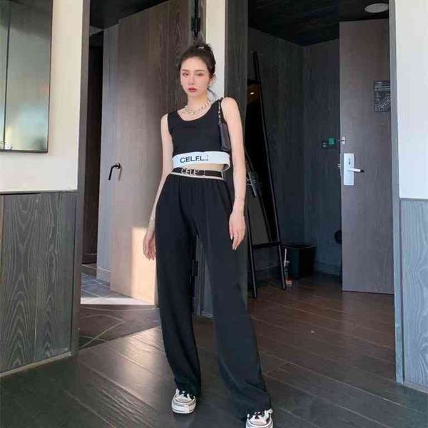 

21s spring and summer ce waistband elastic wide leg floor straight pants women's trend shows thin black style, White;black