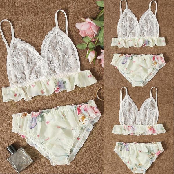 

bras sets women lingerie lace floral bra thong underwear pajamas outfit fashion ruffle print set lenceria, Red;black