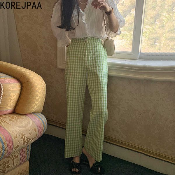 

korejpaa women set summer korean chic fresh v-neck lace puff sleeve shirt high-waist straight-leg plaid casual trousers 210526, White