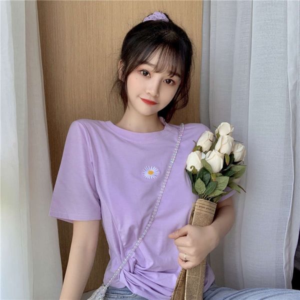 

women's t-shirt daisy sleeve summer loose korean ins fashion design knot high waist short amq7, White