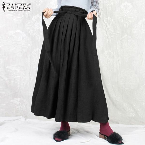 

skirts 2021 womens vintage solid fashion long maxi elegant pleated mujer faldas female high waist belted fx0x, Black
