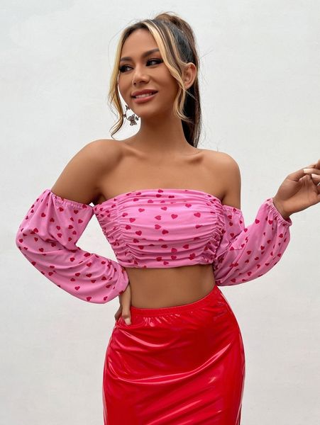 

allover heart print off shoulder lantern sleeve ruched mesh p7sf#, White