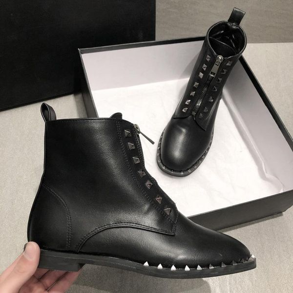 

boots 2021 fashion chunky heels women platform leather front zipper ankle for rivet winter shoes woman, Black