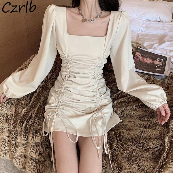 

casual dresses dress women bodycon puff sleeve fashion solid vintage square collar gothic temperament shirring korean style mini vestid, Black;gray