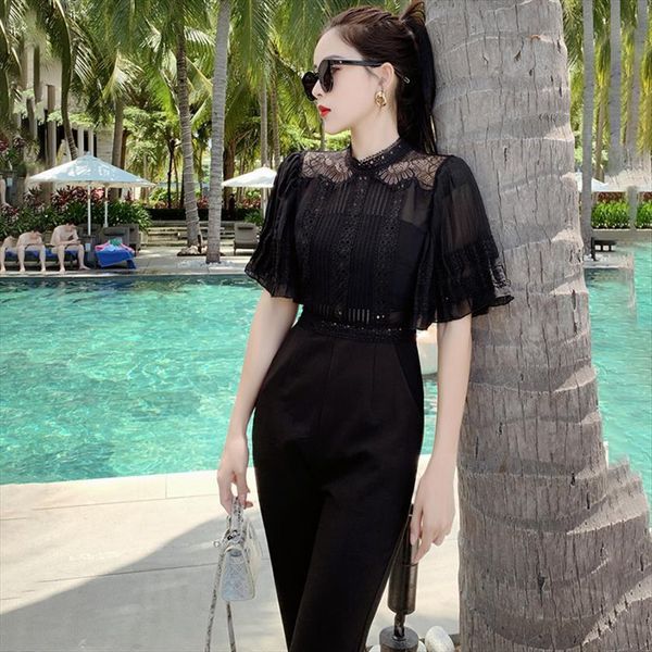 

self portrait black perspective womens jumpsuit hollow out trumpet sleeve pencil bodycorn playsuit slim high waist b099, Black;white