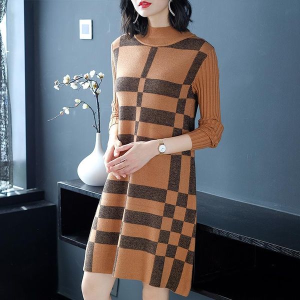 

casual dresses janeluxury brand women's england contrast plaid knitted dress 2021 autumn winter a-line slim fashion turtleneck, Black;gray