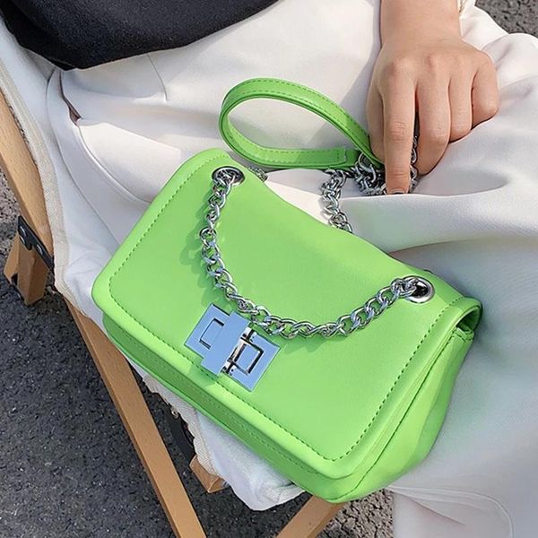 

shoulder bags female green crossbody bag metal chain flap pu leather women messenger solid color