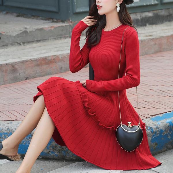 

casual dresses 2021 sweater dress women autumn winter long sleeve a-line pink ruffles slim female jumper knitted korean, Black;gray